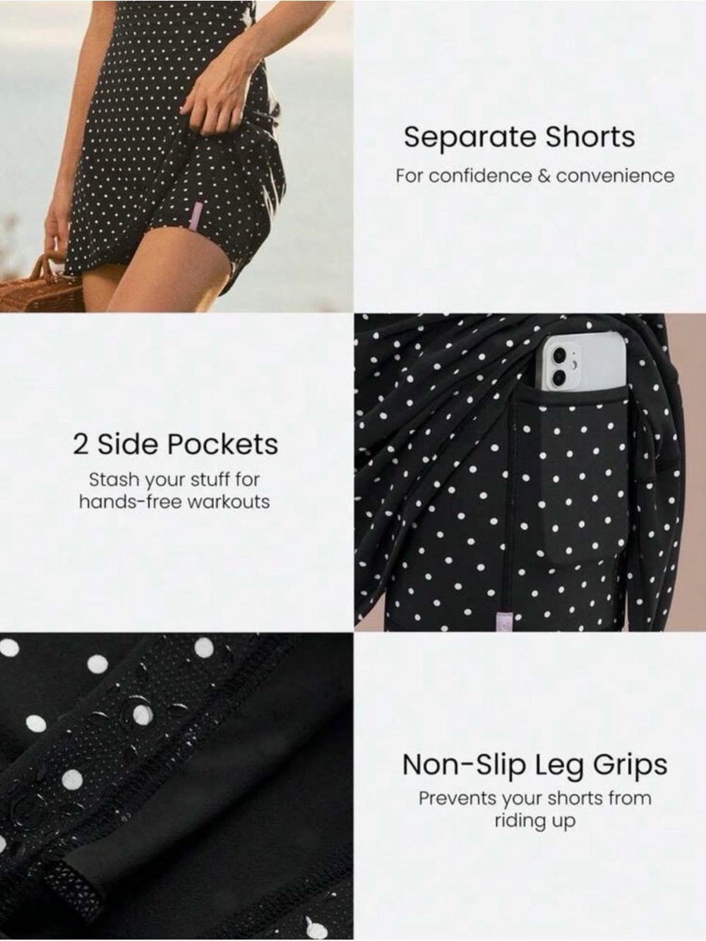 Black Polka Dot Athletic Shorts with Side Pockets
